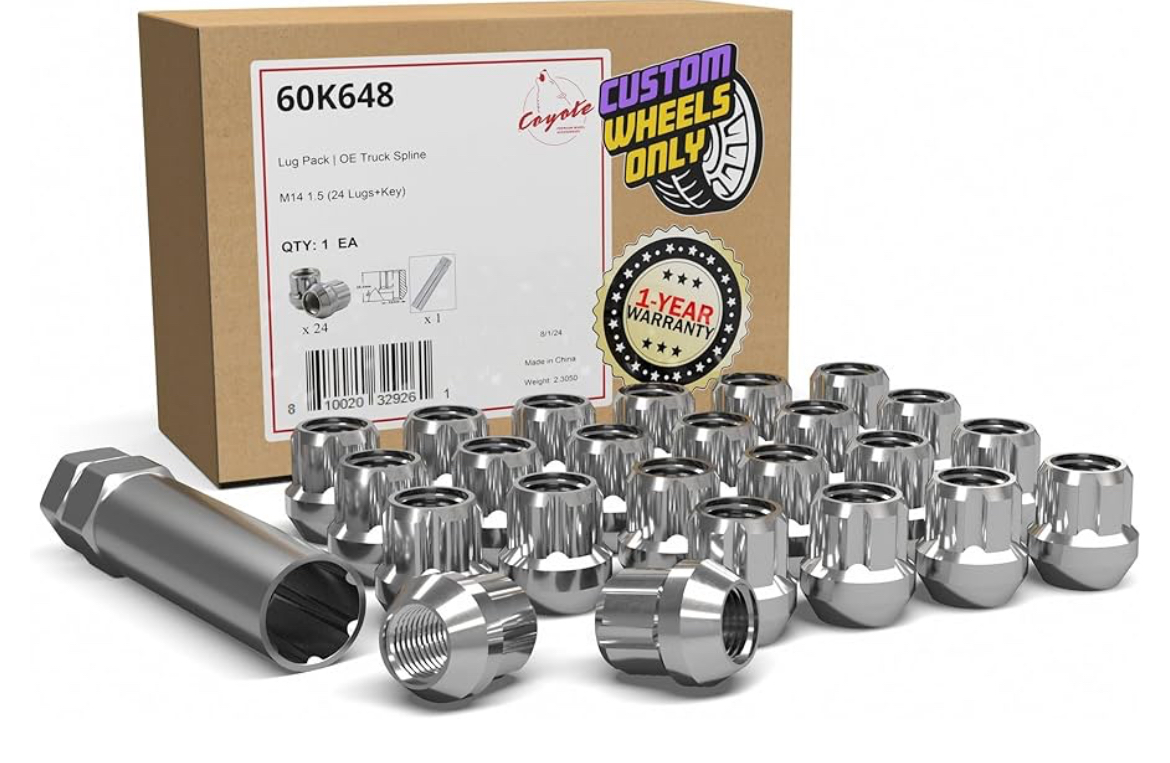 24 Pcs M14x1.5 14x1.5 Thread OE Acorn 1" Long Spline Lug Nuts Chrome Truck Spline